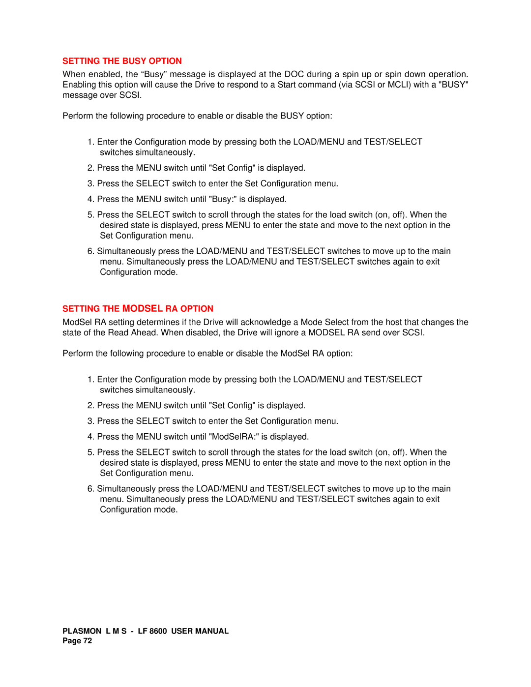 Plasmon LF 8600 user manual Setting the Busy Option, Setting the Modsel RA Option 