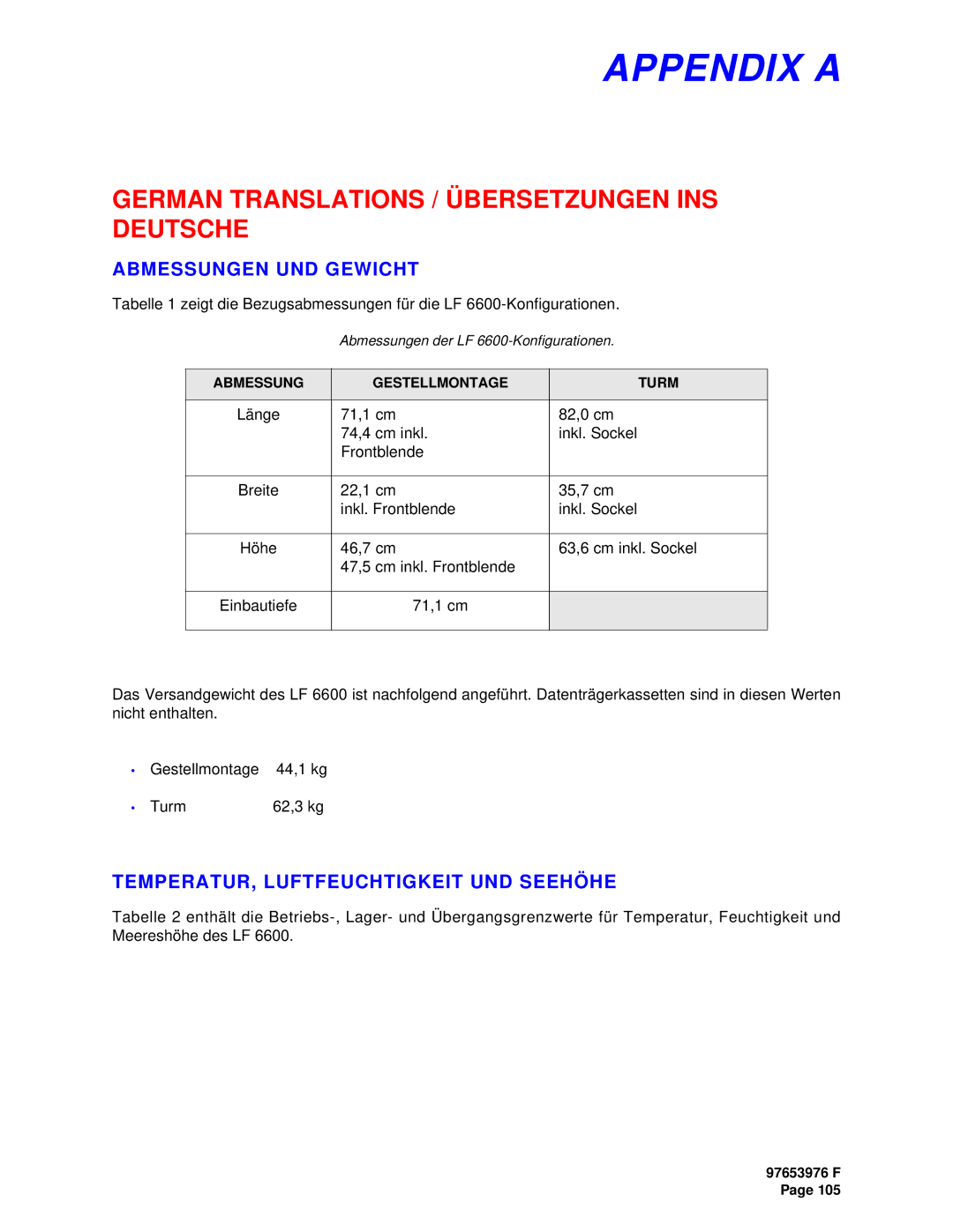 Plasmon LF6600 user manual Appendix a, German Translations / Übersetzungen INS Deutsche, Abmessungen UND Gewicht 