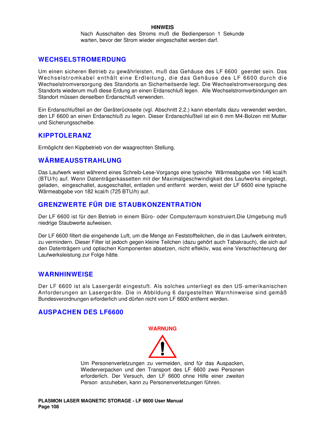 Plasmon LF6600 Wechselstromerdung, Kipptoleranz, Wärmeausstrahlung, Grenzwerte FÜR DIE Staubkonzentration, Warnhinweise 