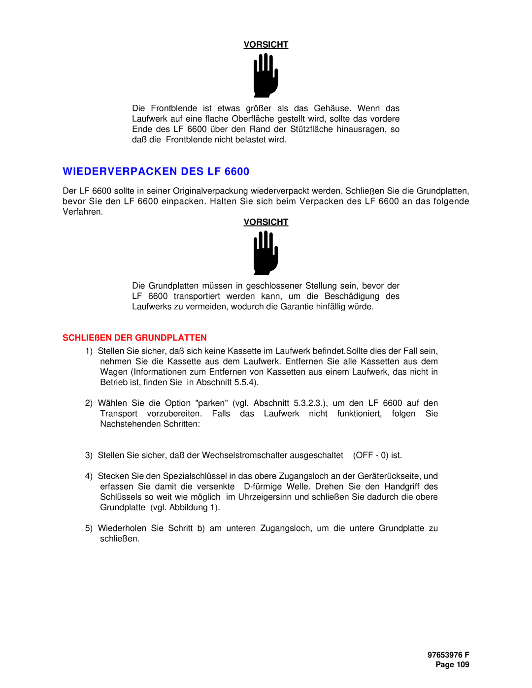 Plasmon LF6600 user manual Wiederverpacken DES LF, Vorsicht 