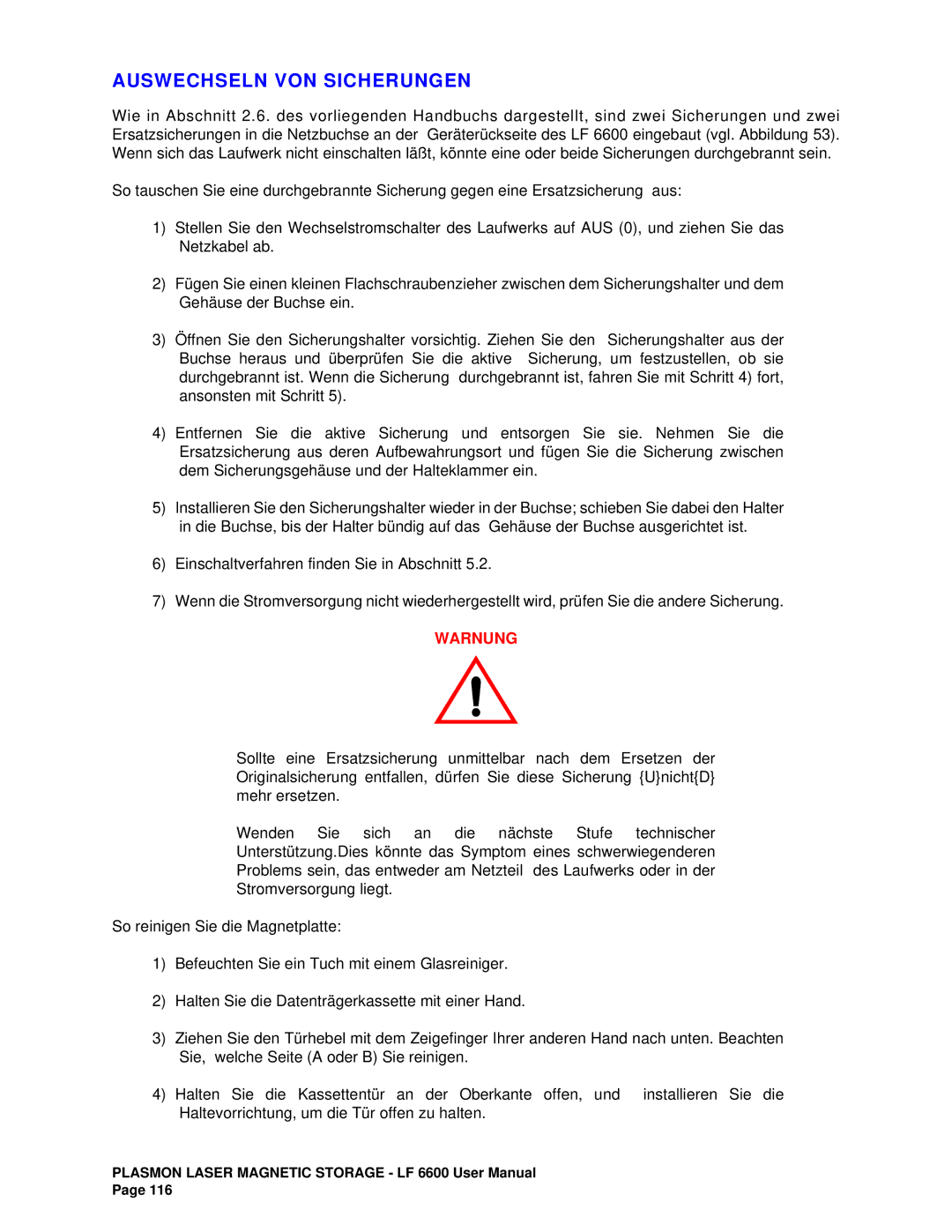 Plasmon LF6600 user manual Auswechseln VON Sicherungen, Warnung 