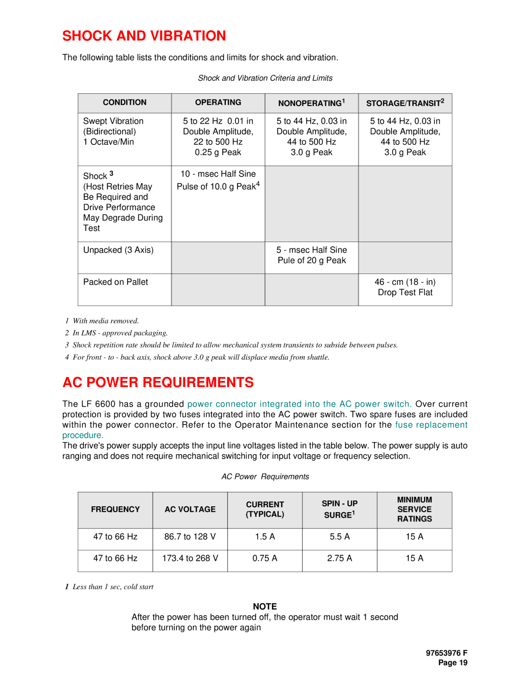 Plasmon LF6600 user manual Shock and Vibration, AC Power Requirements 