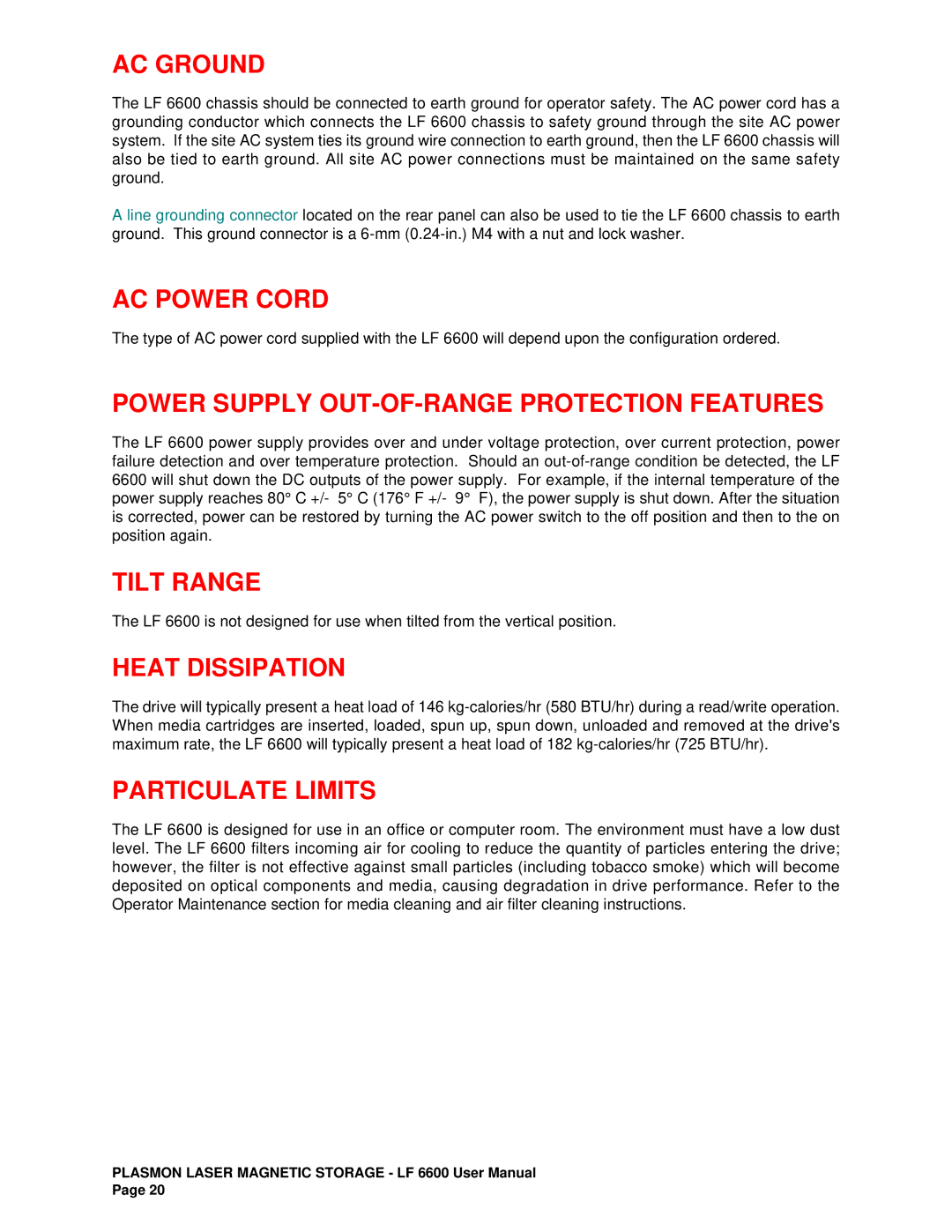 Plasmon LF6600 AC Ground, AC Power Cord, Power Supply OUT-OF-RANGE Protection Features, Tilt Range, Heat Dissipation 