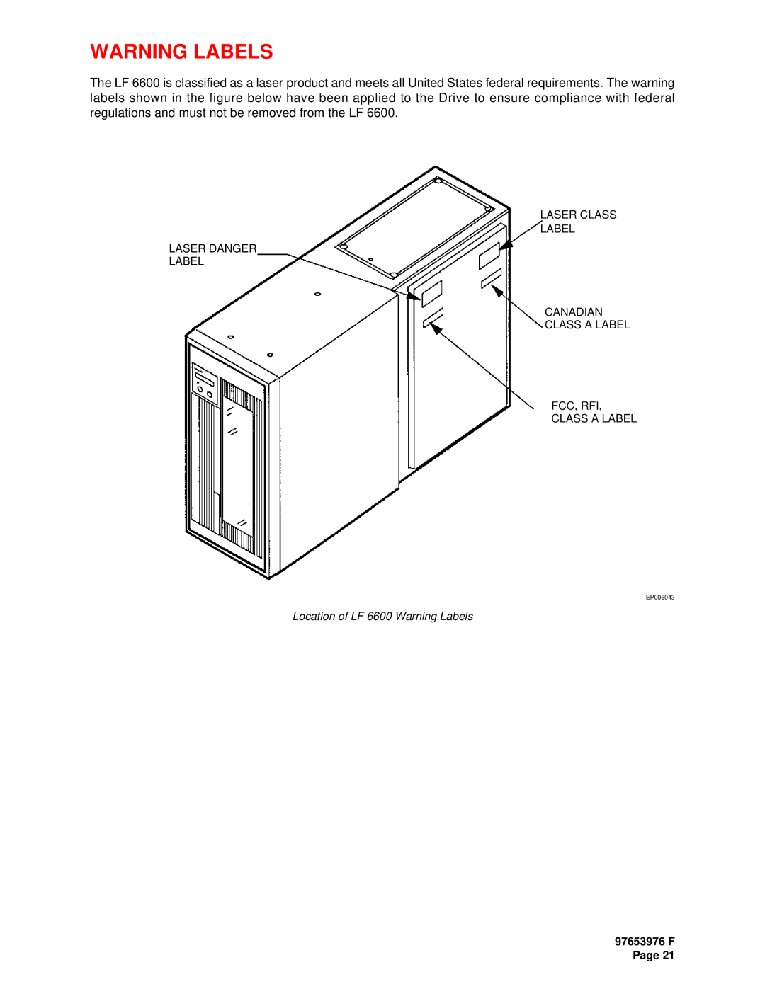 Plasmon LF6600 user manual Location of LF 6600 Warning Labels 