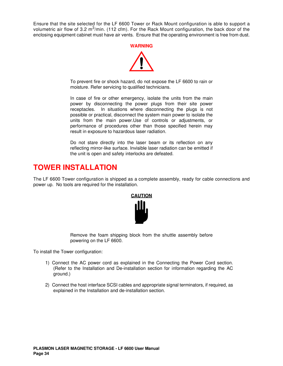 Plasmon LF6600 user manual Tower Installation 