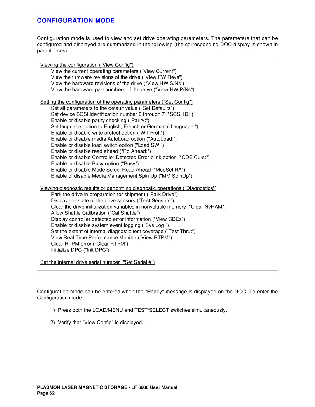 Plasmon LF6600 user manual Configuration Mode 