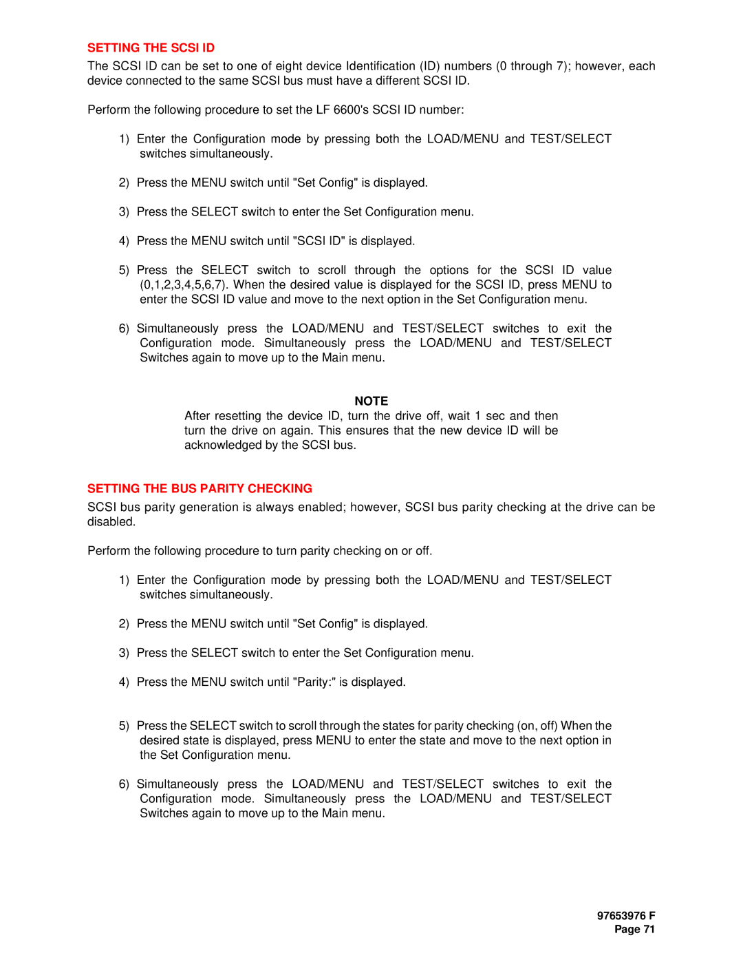 Plasmon LF6600 user manual Setting the Scsi ID, Setting the BUS Parity Checking 