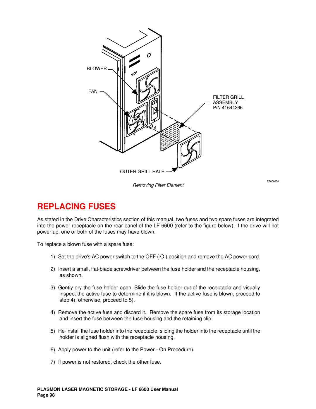 Plasmon LF6600 user manual Replacing Fuses 