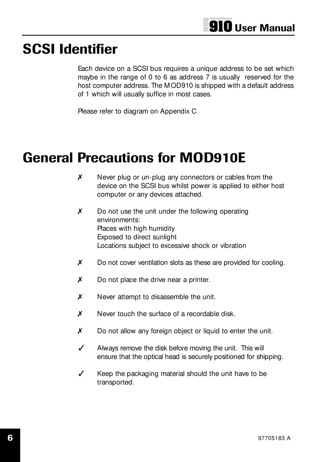 Plasmon MOD 910 user manual Scsi Identiﬁer, General Precautions for MOD910E 