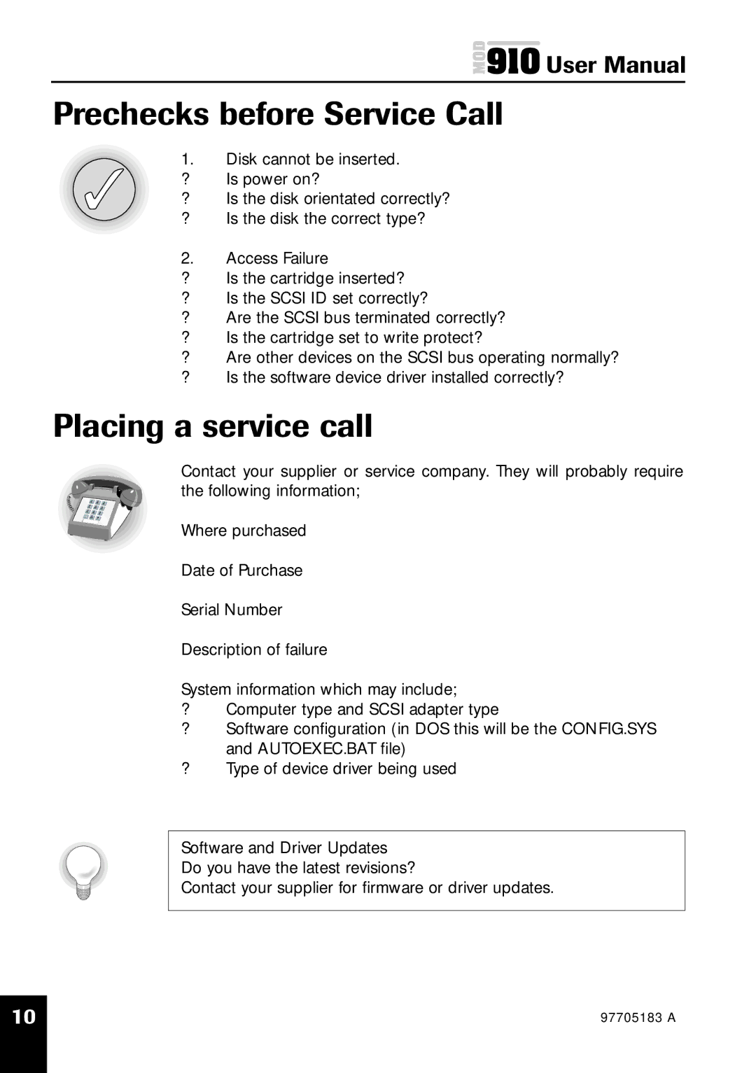 Plasmon MOD 910 user manual Prechecks before Service Call, Placing a service call 