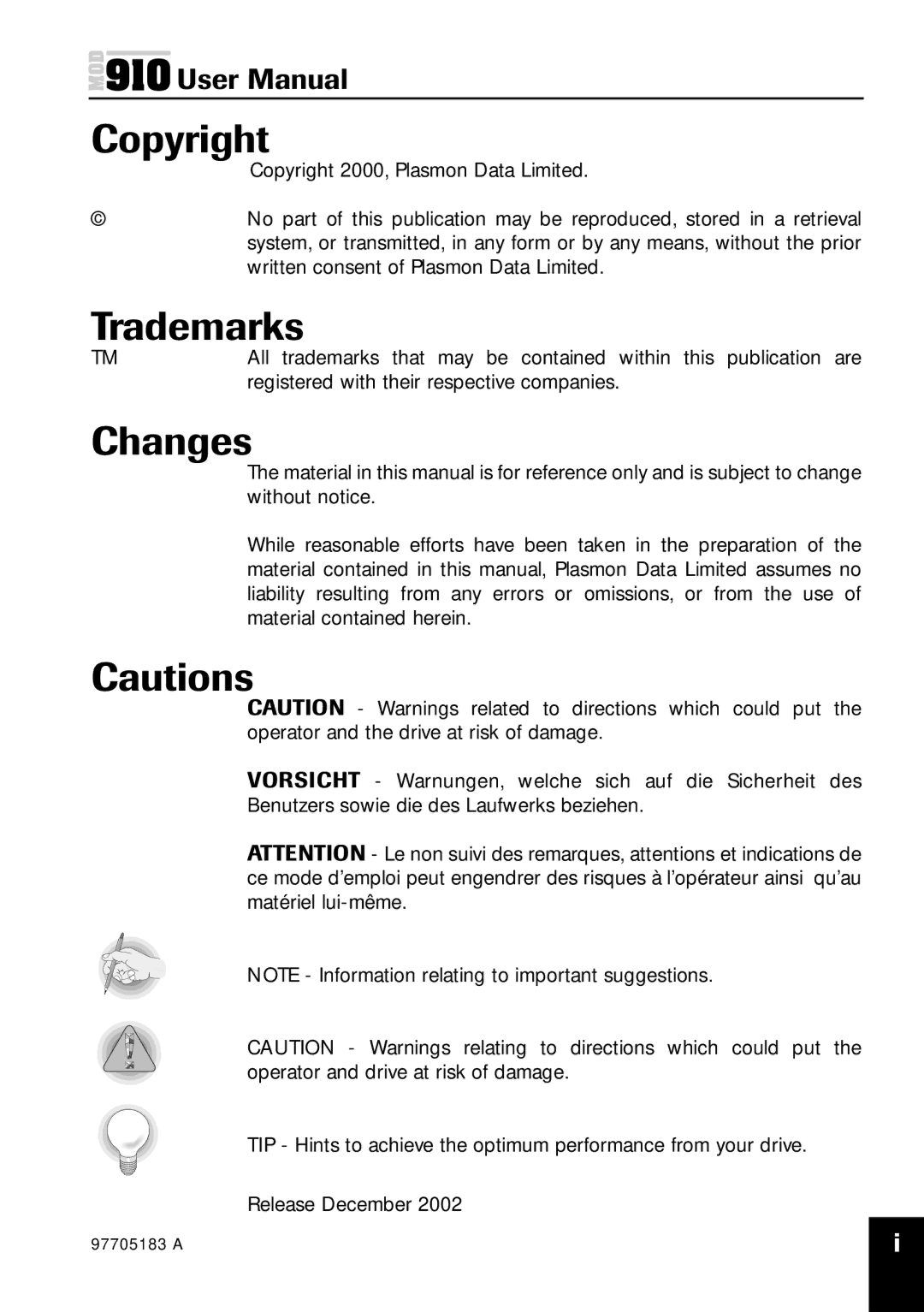 Plasmon MOD 910 user manual Copyright, Trademarks, Changes 