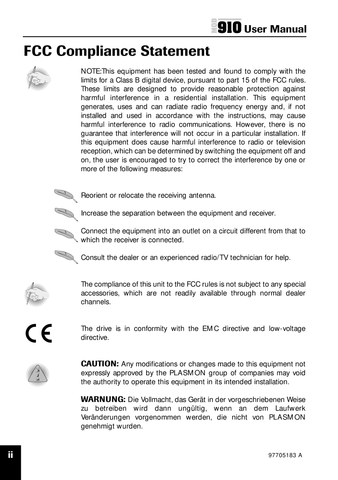 Plasmon MOD 910 user manual FCC Compliance Statement 