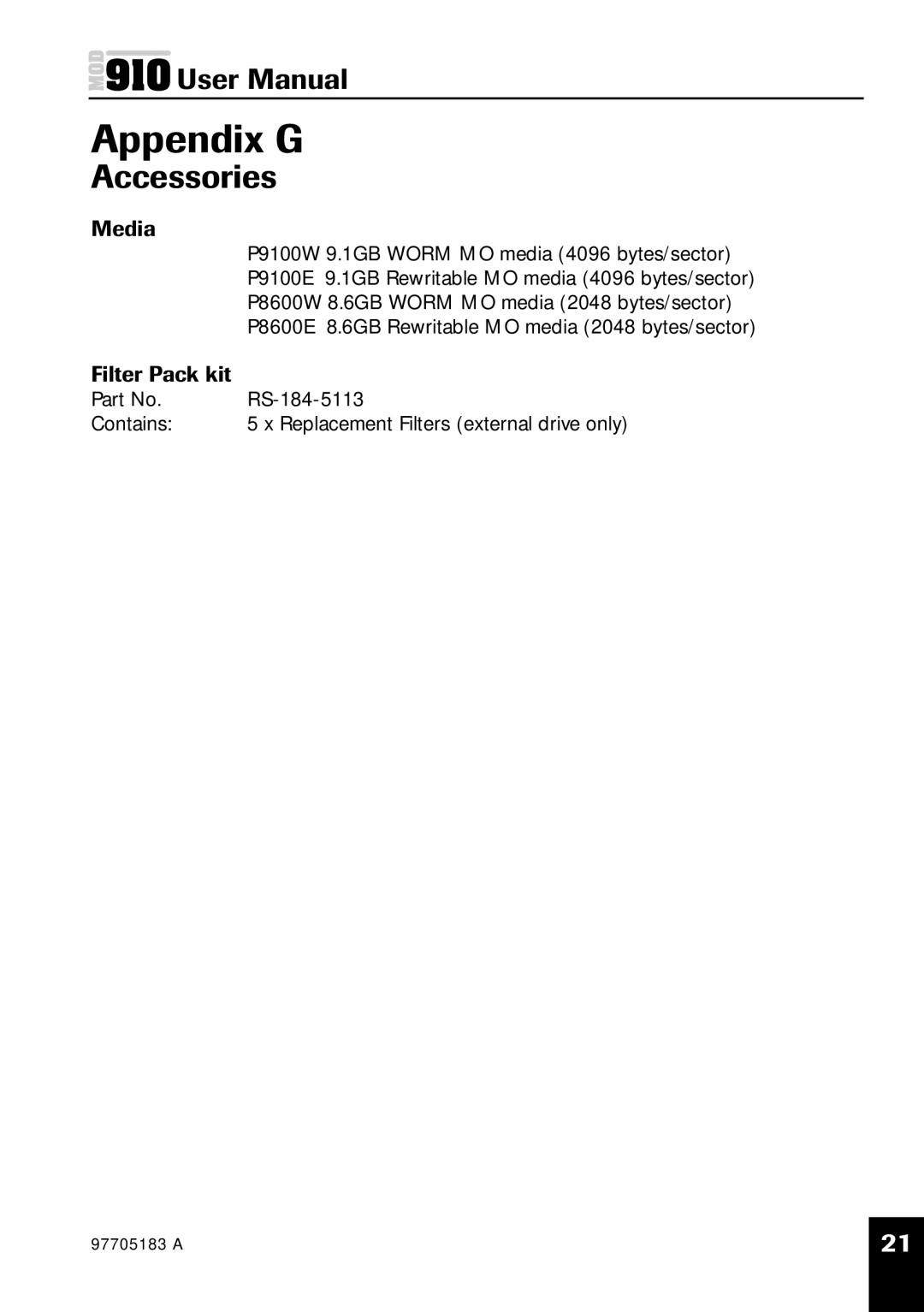 Plasmon MOD 910 user manual Appendix G, Accessories 