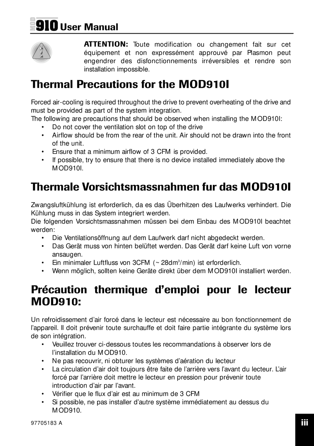 Plasmon MOD 910 user manual Thermal Precautions for the MOD910I, Thermale Vorsichtsmassnahmen fur das MOD910I 