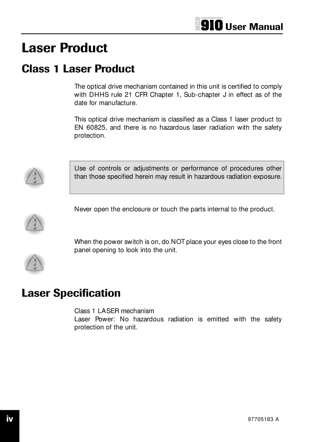 Plasmon MOD 910 user manual Class 1 Laser Product, Laser Speciﬁcation 