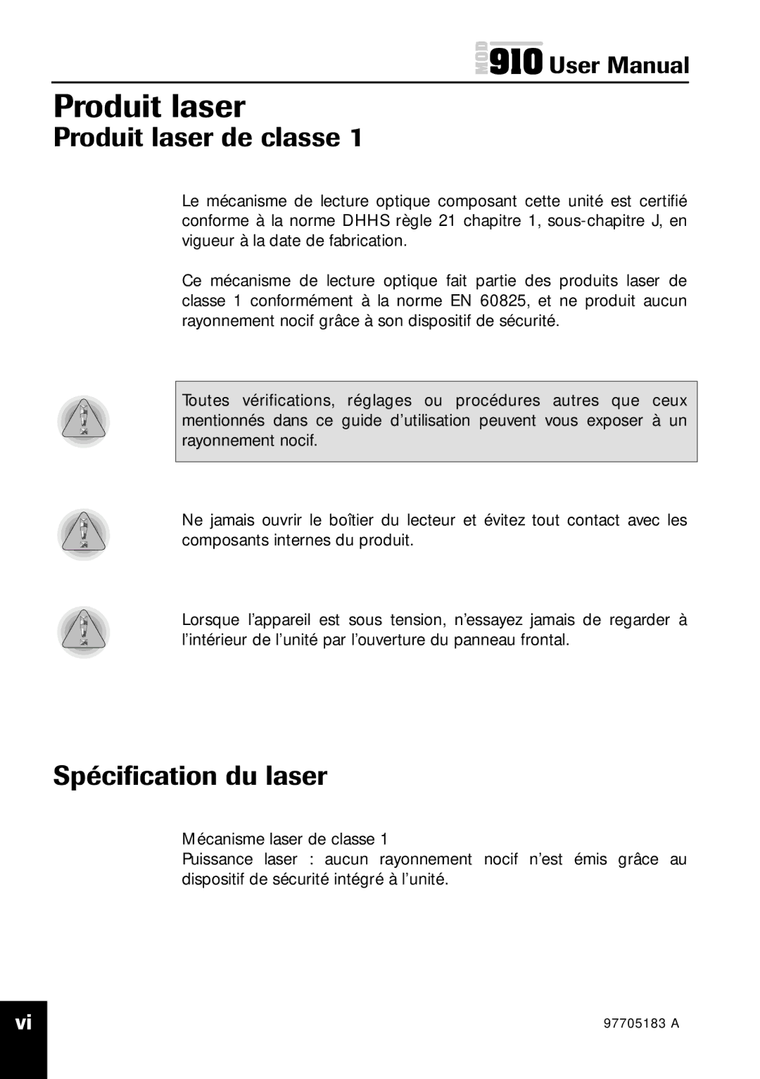 Plasmon MOD 910 user manual Produit laser de classe, Spéciﬁcation du laser 