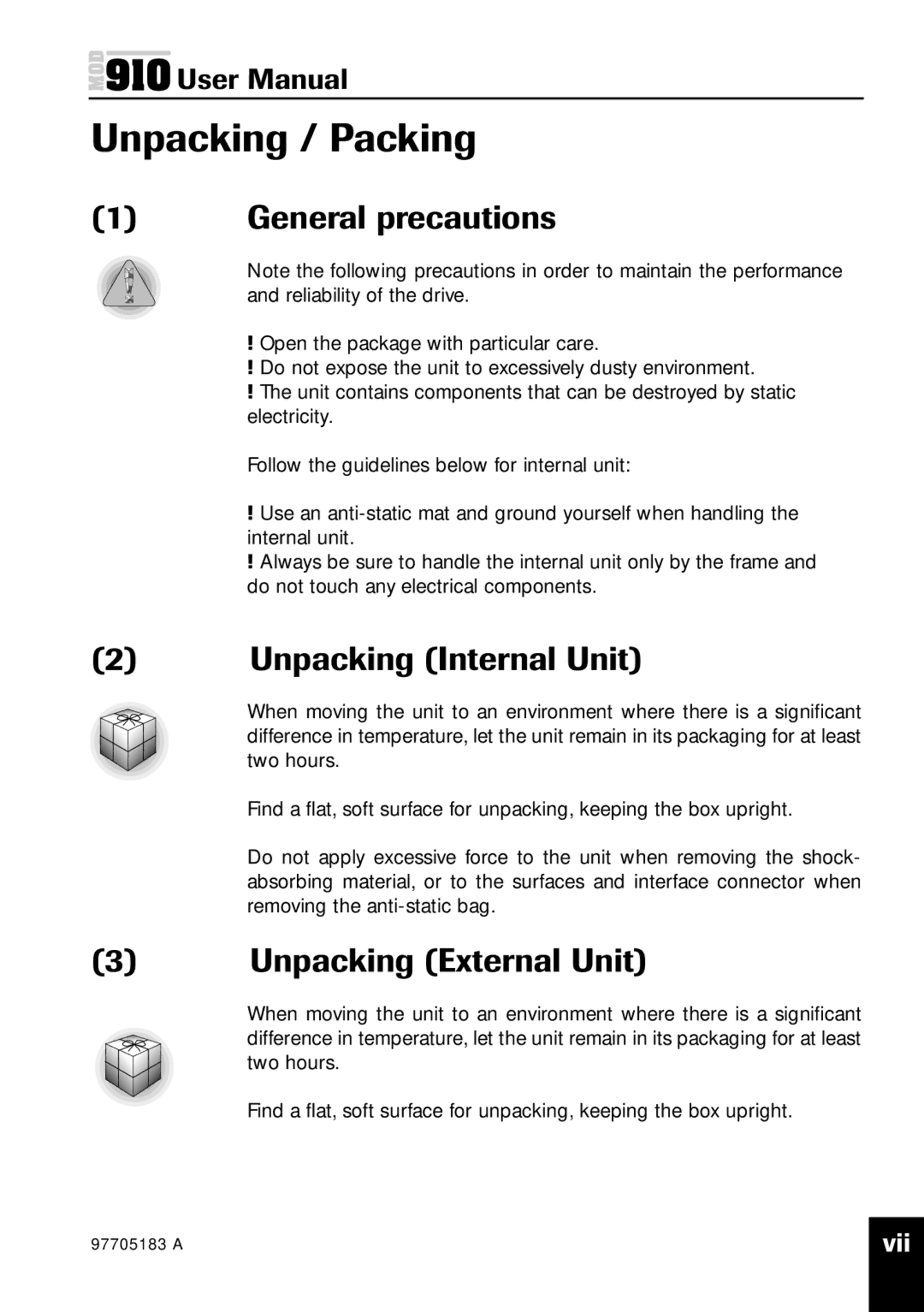 Plasmon MOD 910 user manual Unpacking / Packing, General precautions, Unpacking Internal Unit, Unpacking External Unit 