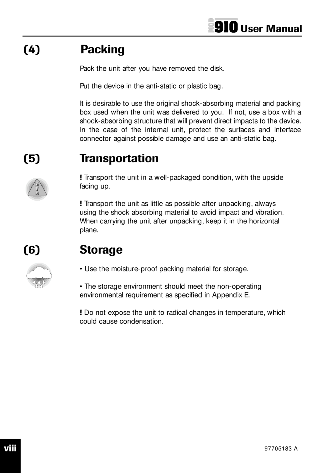 Plasmon MOD 910 user manual Packing, Transportation, Storage 