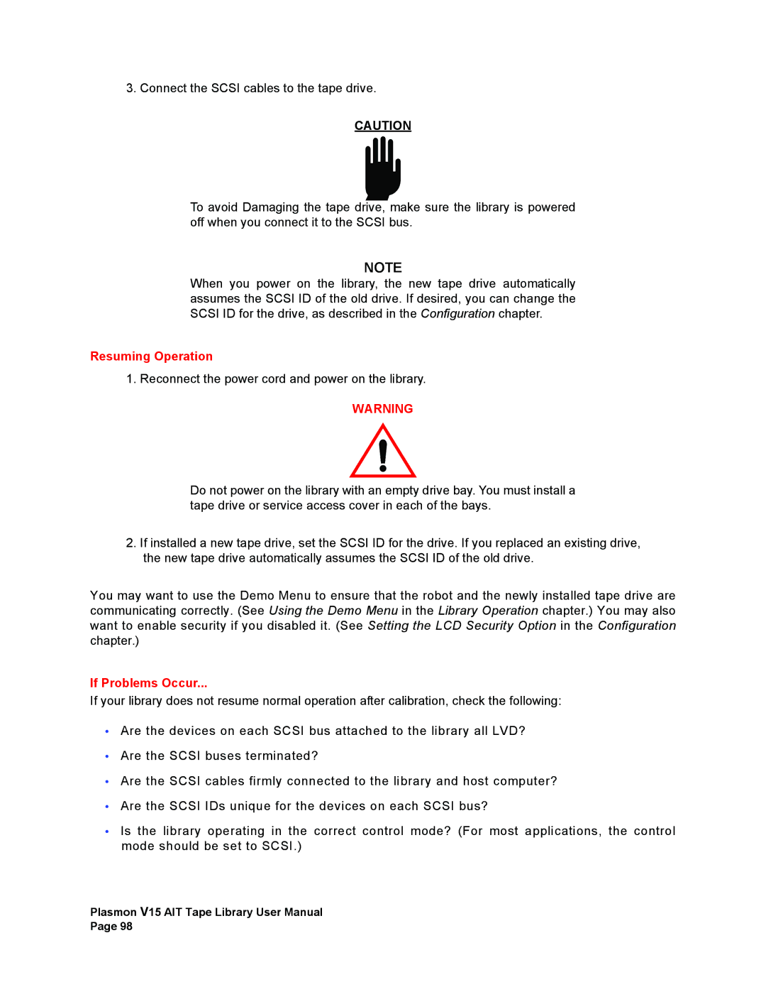 Plasmon V15 manual Resuming Operation 