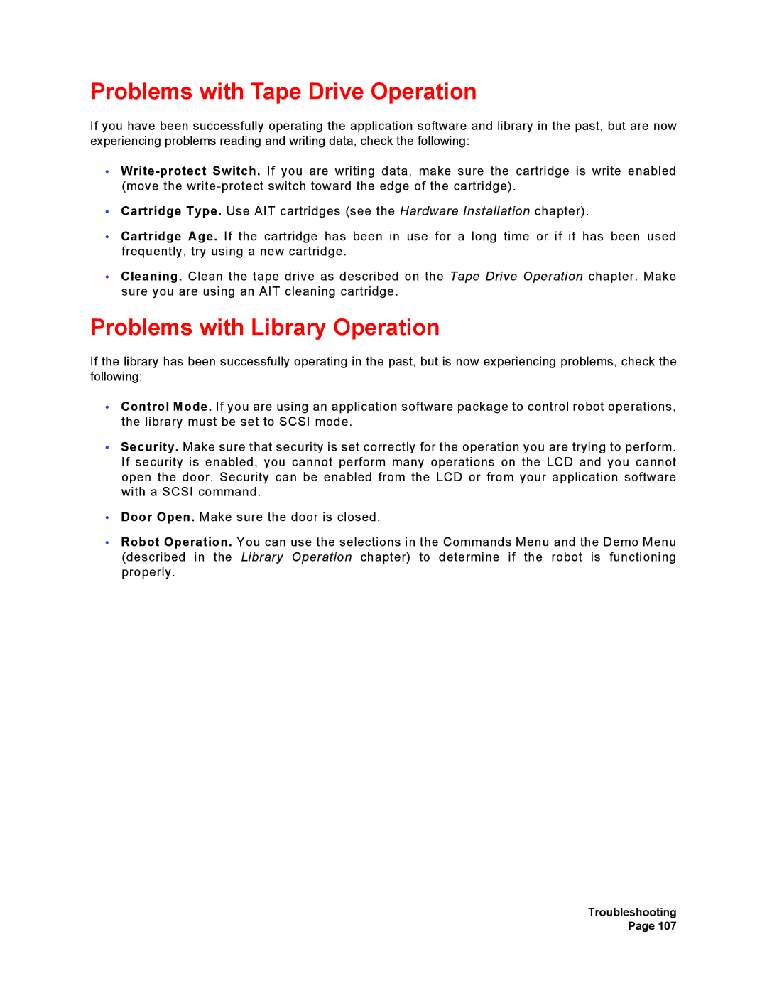 Plasmon V15 manual Problems with Tape Drive Operation, Problems with Library Operation 