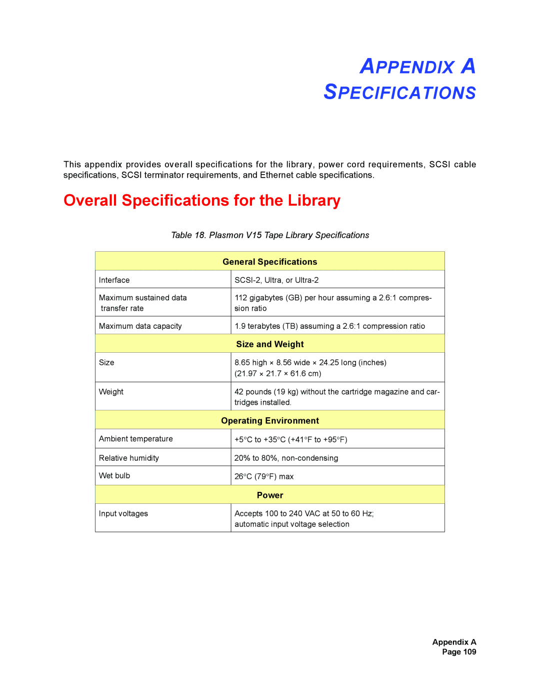 Plasmon V15 manual Appendix a Specifications, Overall Specifications for the Library, General Specifications 