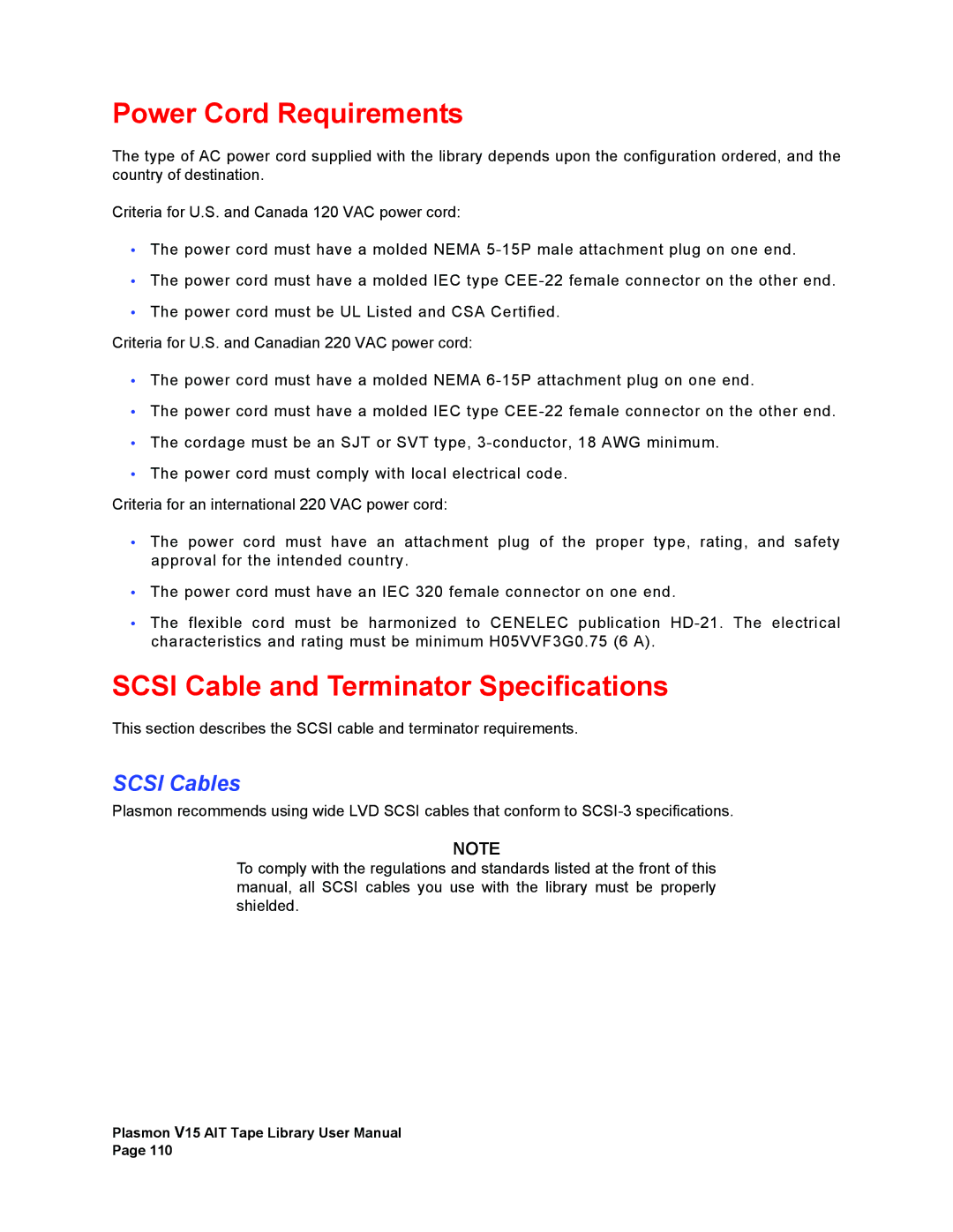 Plasmon V15 manual Power Cord Requirements, Scsi Cable and Terminator Specifications, Scsi Cables 