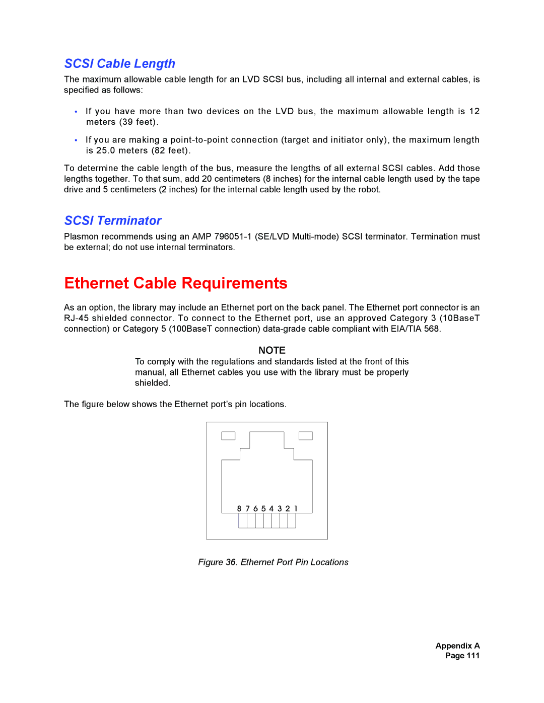 Plasmon V15 manual Ethernet Cable Requirements, Scsi Cable Length, Scsi Terminator 