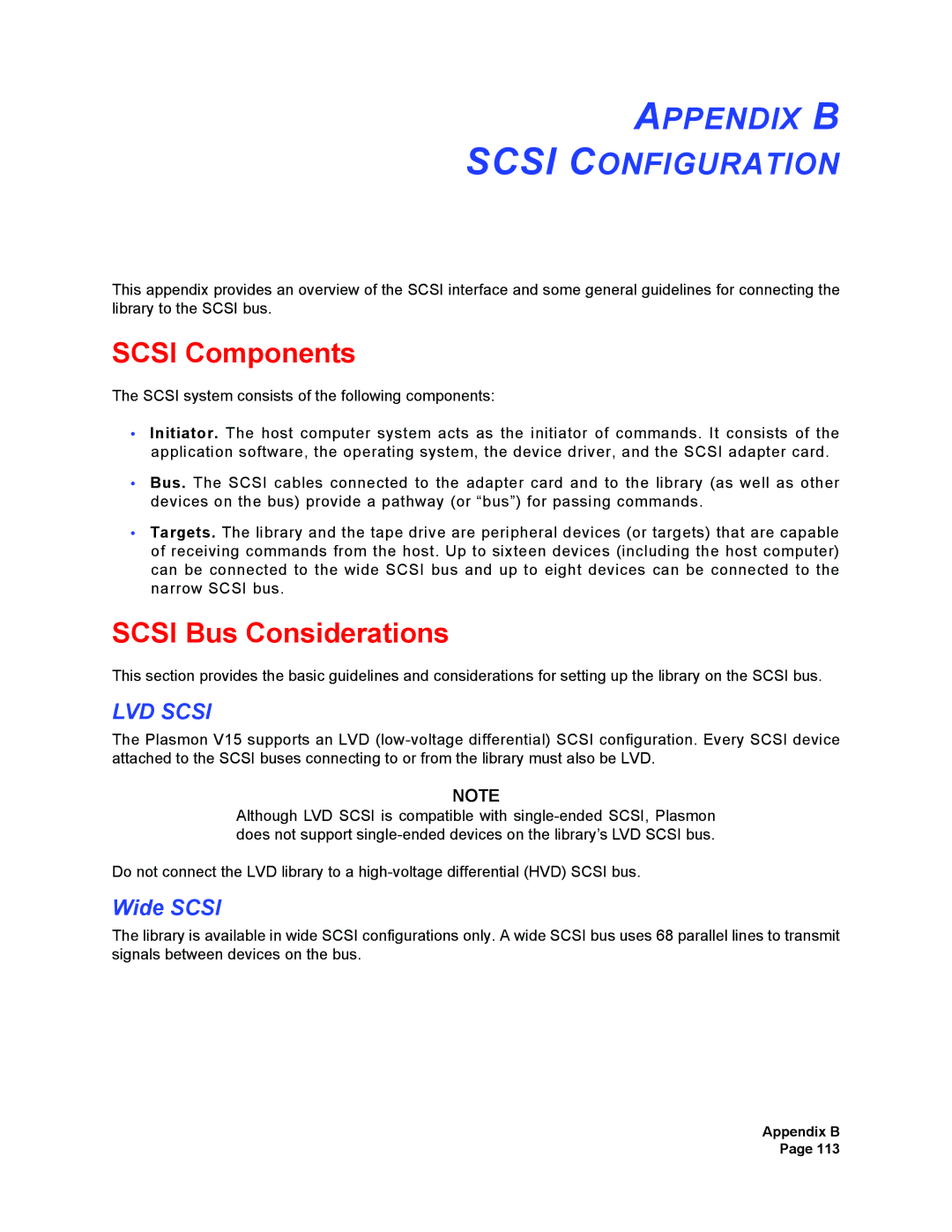 Plasmon V15 manual Appendix B Scsi Configuration, Scsi Components, Scsi Bus Considerations, Wide Scsi 