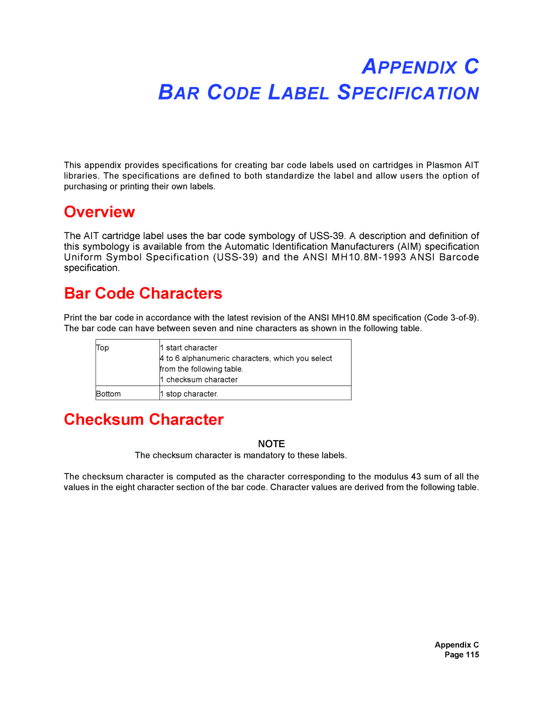 Plasmon V15 manual Appendix C BAR Code Label Specification, Overview, Bar Code Characters, Checksum Character 