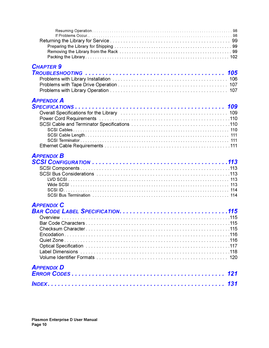 Plasmon V15 manual Troubleshooting, Specifications, Scsi Configuration, BAR Code Label Specification, Error Codes Index 