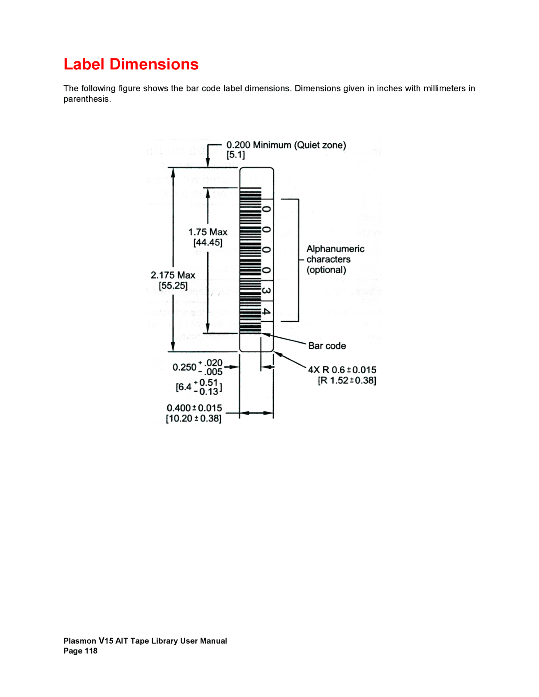 Plasmon V15 manual Label Dimensions 