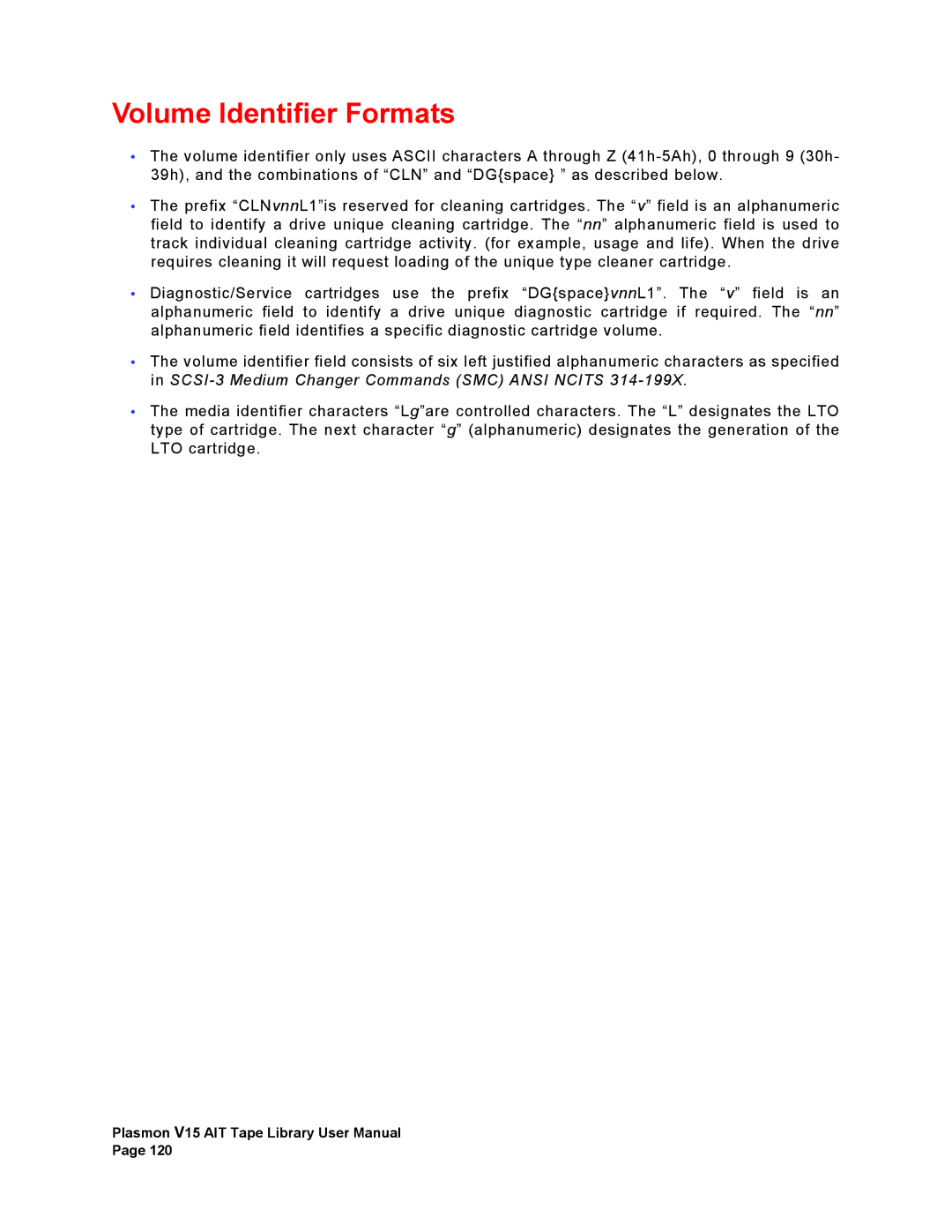 Plasmon V15 manual Volume Identifier Formats 