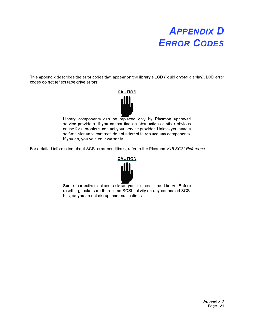 Plasmon V15 manual Appendix D Error Codes 