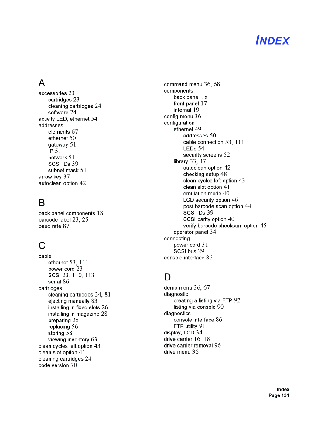 Plasmon V15 manual Index, Scsi 23, 110 