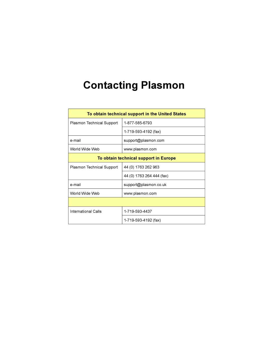 Plasmon V15 manual To obtain technical support in the United States, To obtain technical support in Europe 