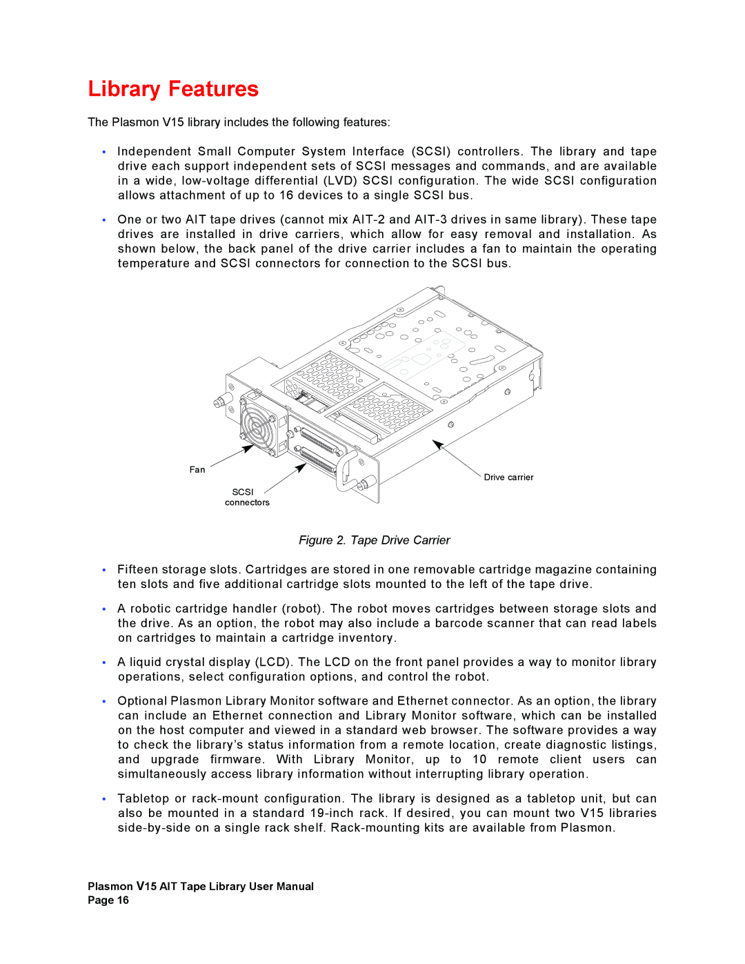 Plasmon V15 manual Library Features, Tape Drive Carrier 