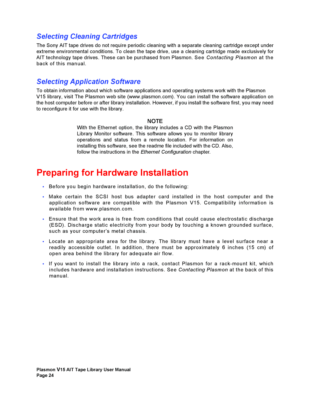 Plasmon V15 manual Preparing for Hardware Installation, Selecting Cleaning Cartridges, Selecting Application Software 