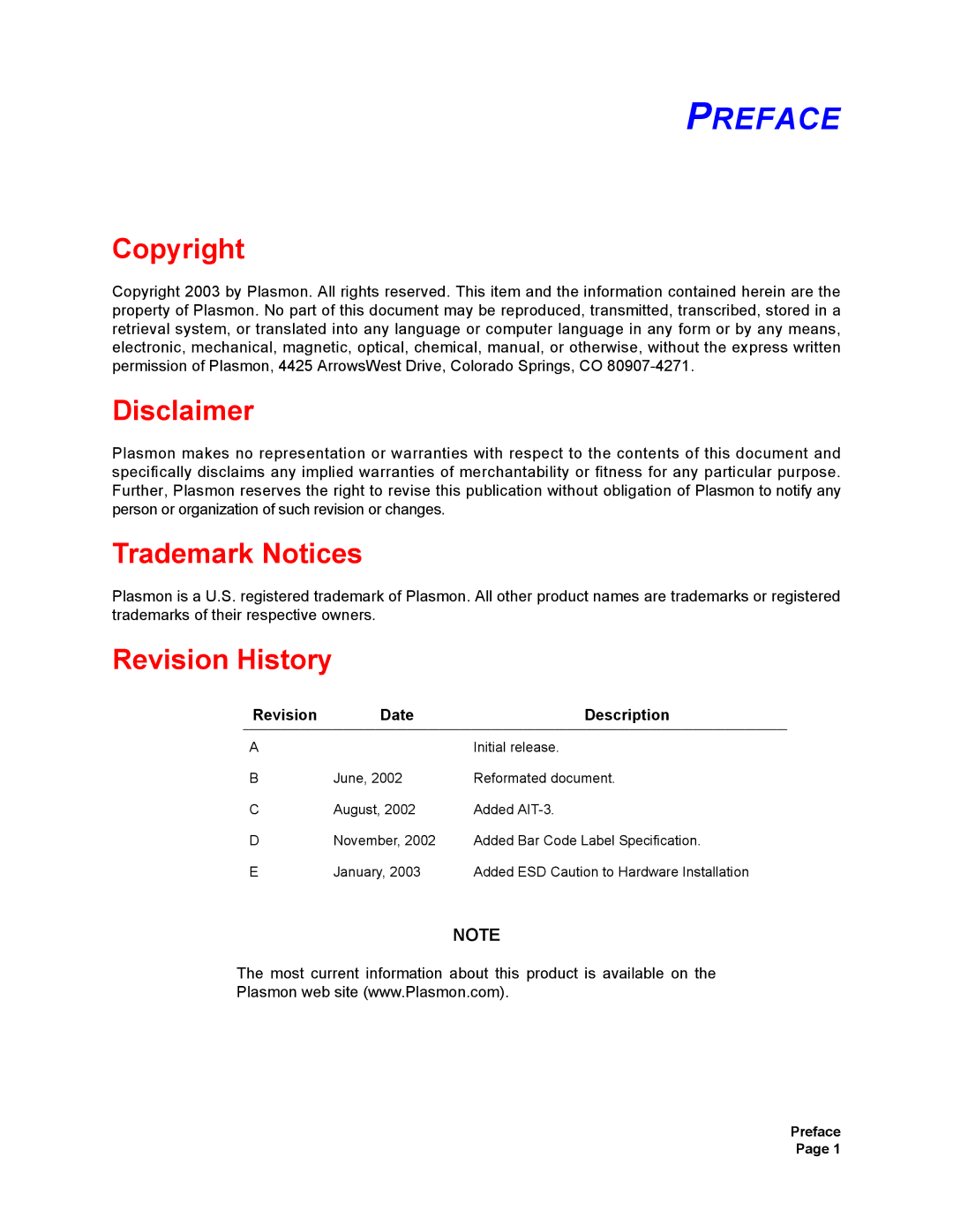 Plasmon V15 manual Preface, Copyright, Disclaimer, Trademark Notices, Revision History 