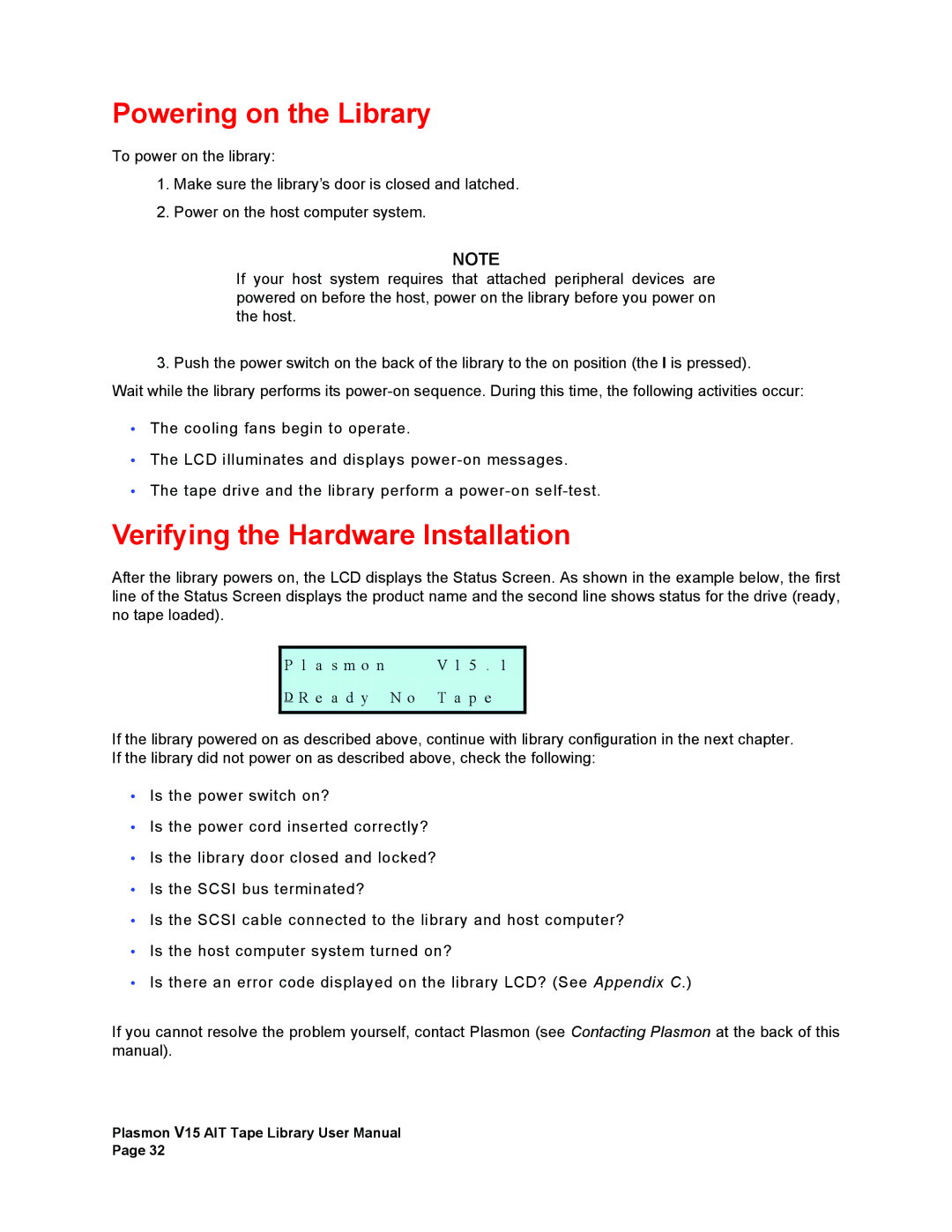 Plasmon V15 manual Powering on the Library, Verifying the Hardware Installation 