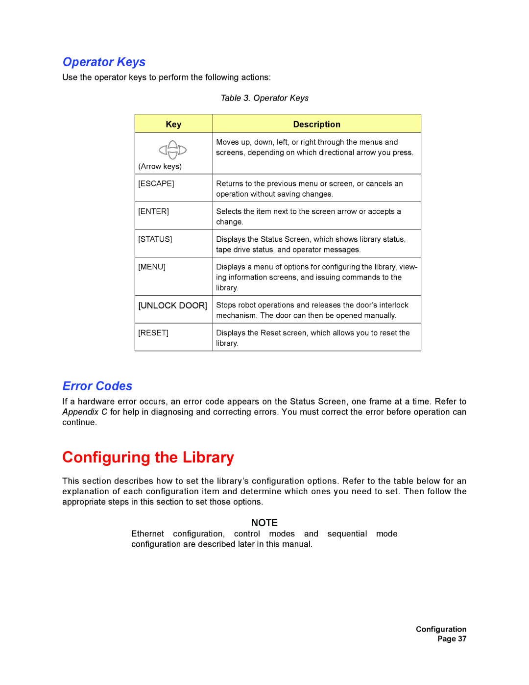 Plasmon V15 manual Configuring the Library, Operator Keys, Error Codes, Key Description 