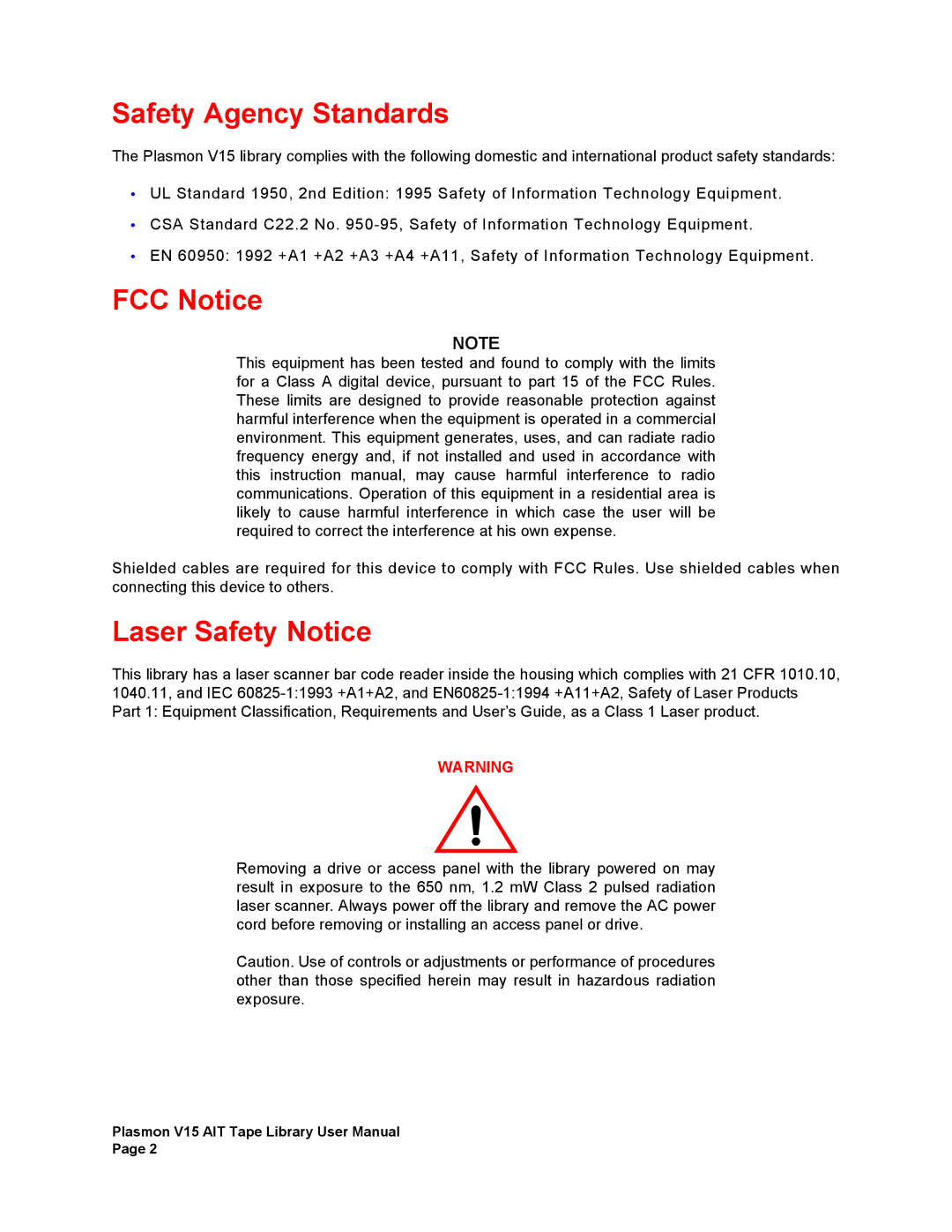 Plasmon V15 manual Safety Agency Standards, FCC Notice, Laser Safety Notice 