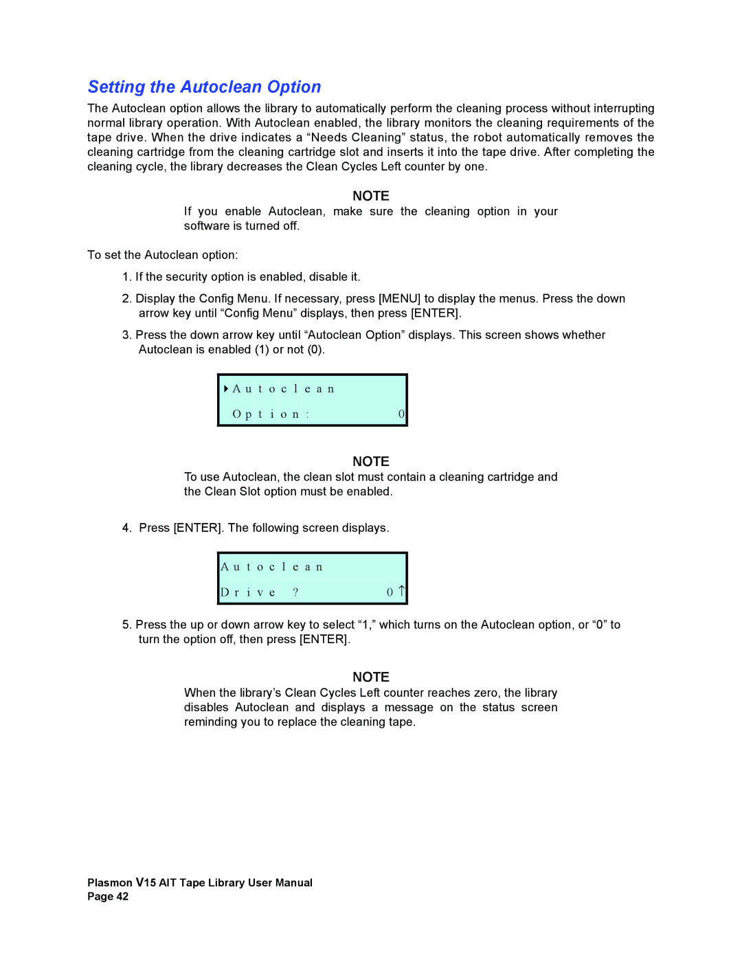 Plasmon V15 manual Setting the Autoclean Option 