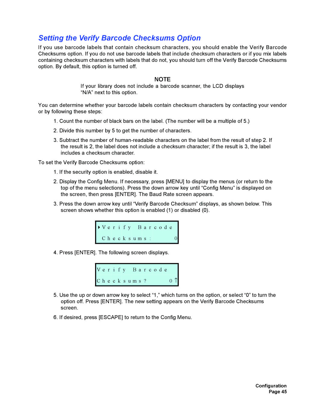 Plasmon V15 manual Setting the Verify Barcode Checksums Option 