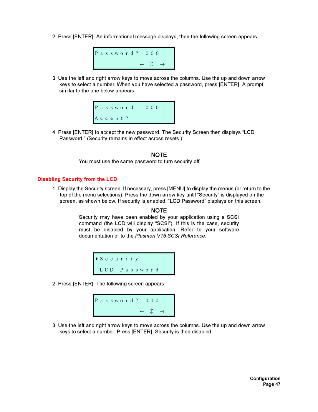 Plasmon V15 manual Disabling Security from the LCD 