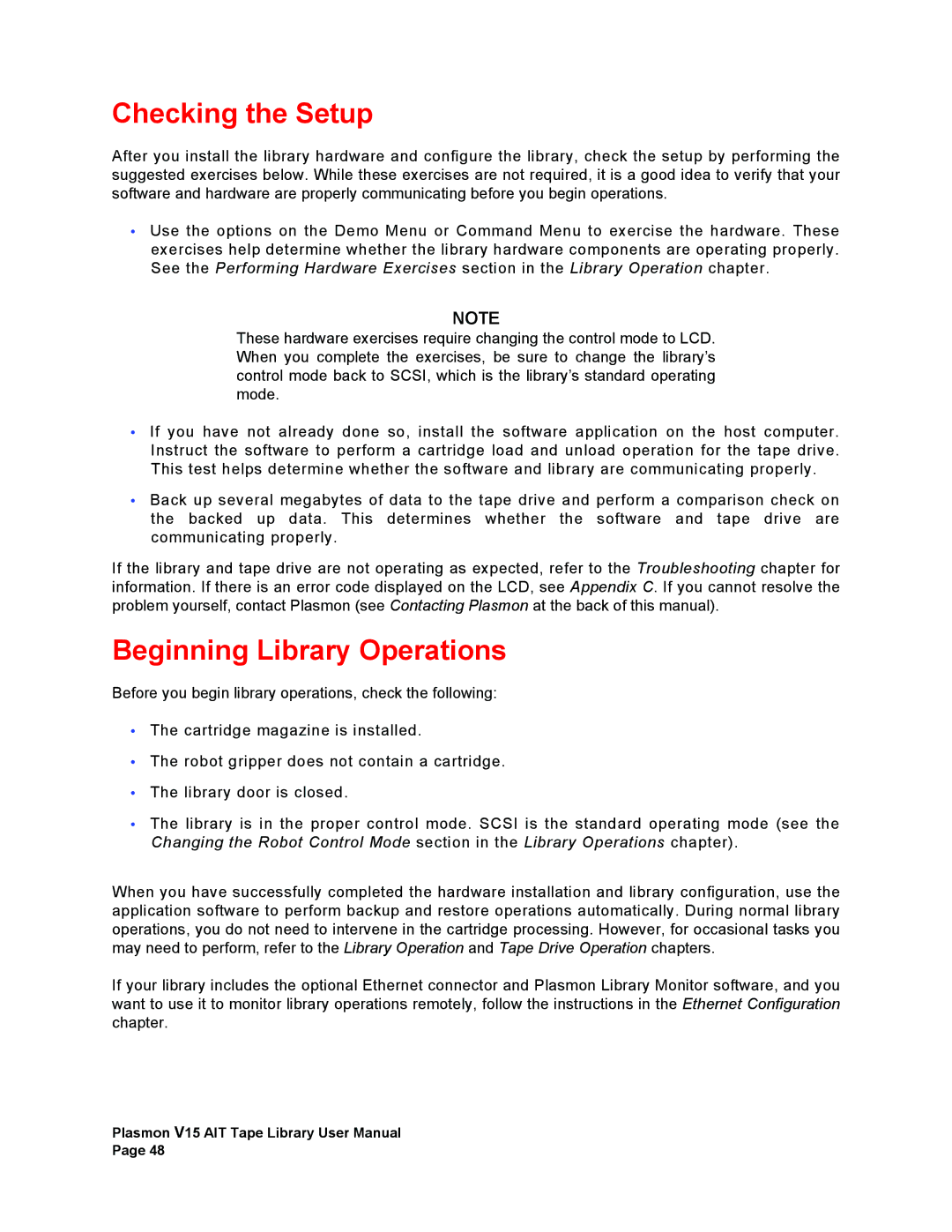 Plasmon V15 manual Checking the Setup, Beginning Library Operations 