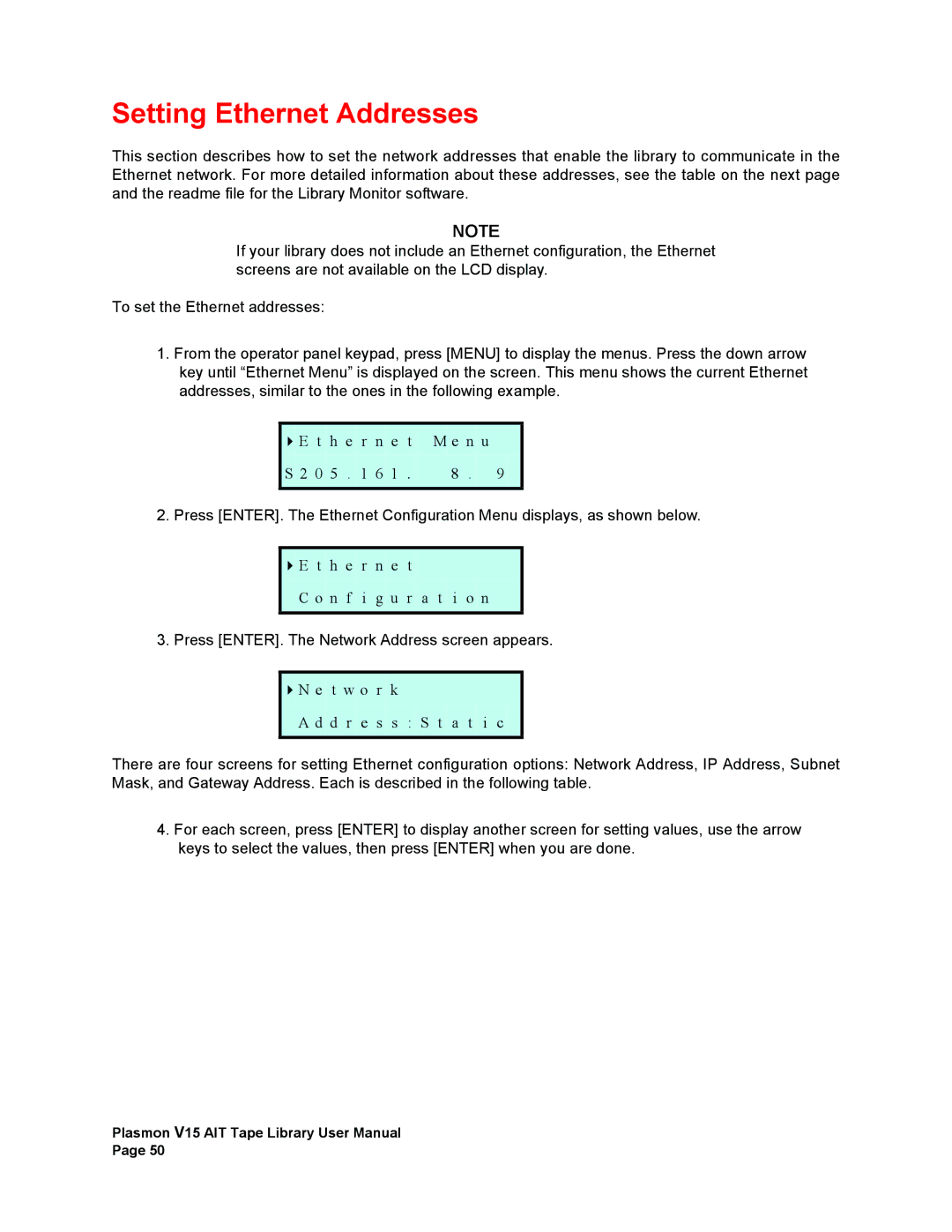 Plasmon V15 manual Setting Ethernet Addresses 