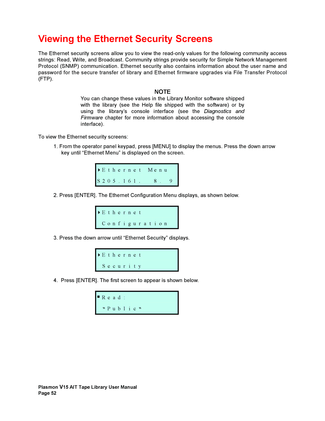 Plasmon V15 manual Viewing the Ethernet Security Screens 