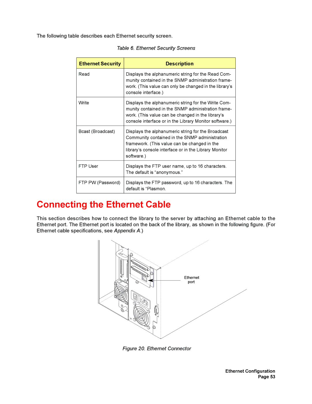 Plasmon V15 manual Connecting the Ethernet Cable, Ethernet Security Description 