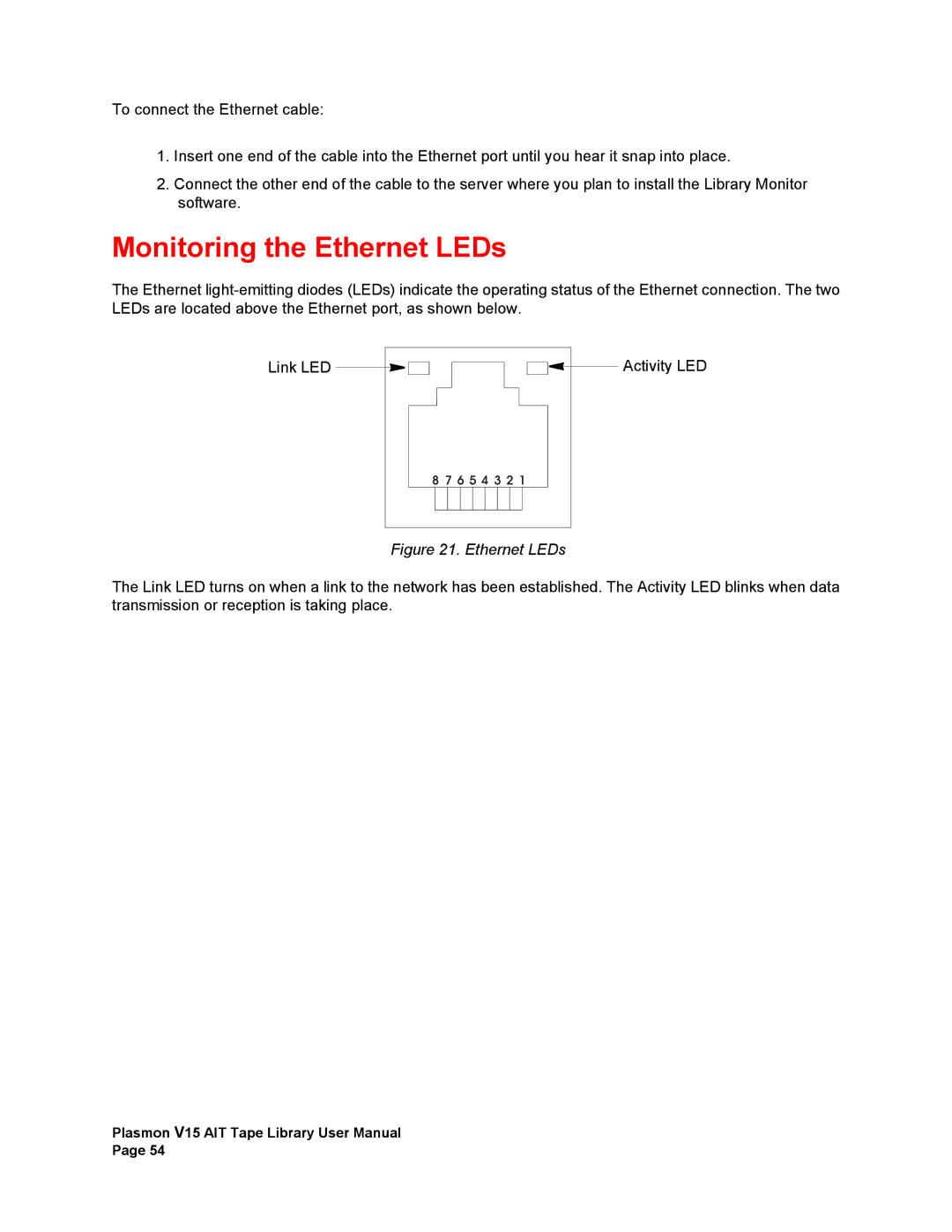 Plasmon V15 manual Monitoring the Ethernet LEDs 