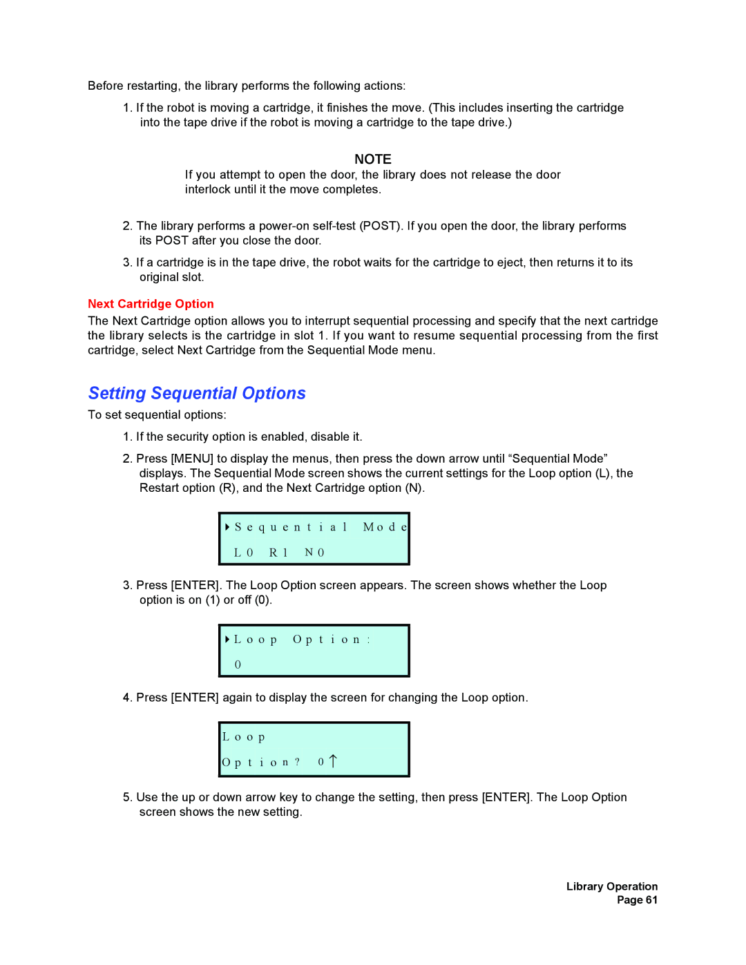 Plasmon V15 manual Setting Sequential Options, Next Cartridge Option 